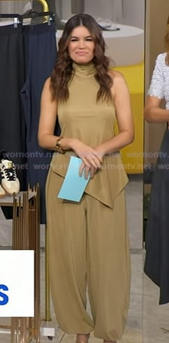 Kathy Buccio’s beige asymmetric hem top and pants on Good Morning America