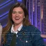 Kelly's embroidered back denim jacket and brooch on The Kelly Clarkson Show