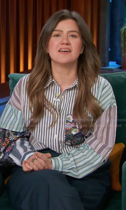 Kelly’s patchwork print blouse on The Kelly Clarkson Show