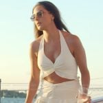Kelsey’s white ruffled crop top and skirt on The Real Housewives of Rhode Island