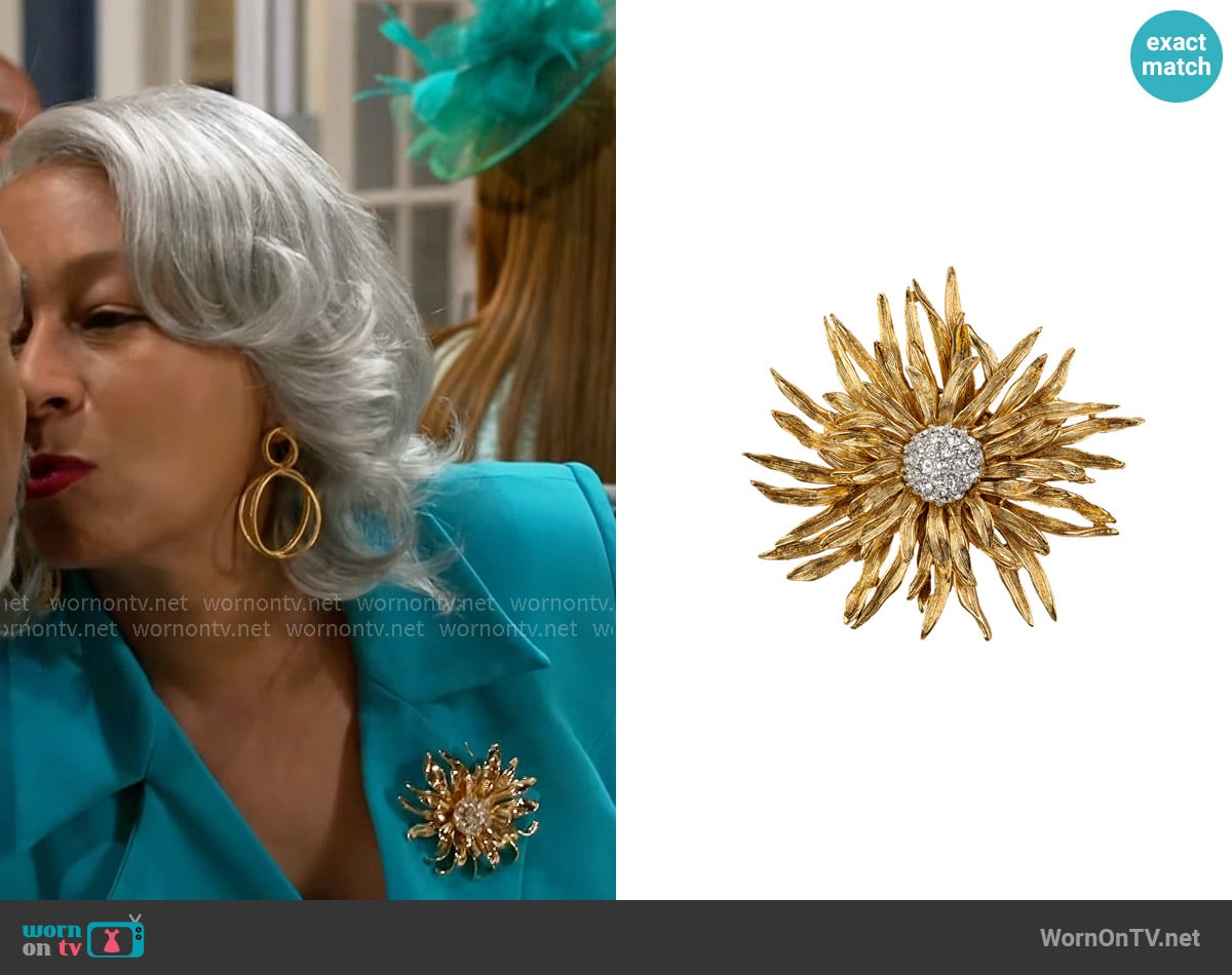 Kenneth Jay Lane Antique Gold Flower Pin worn by Anita Dupree (Tamara Tunie) on Beyond the Gates