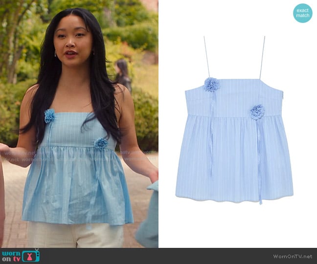 Kijun Corsage Camisole in Sky Blue Stripe worn by Lara Jean Covey (Lana Condor) on XO Kitty
