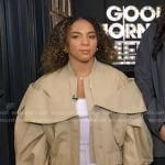 Kiki Rice’s beige layered bomber jacket and mini skirt on Good Morning America
