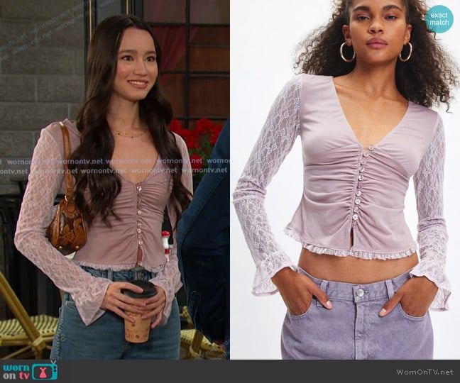 Kimchi Blue Arabella Button Front Lace Top worn by Sophia Choi (Rachel Boyd) on Days of our Lives