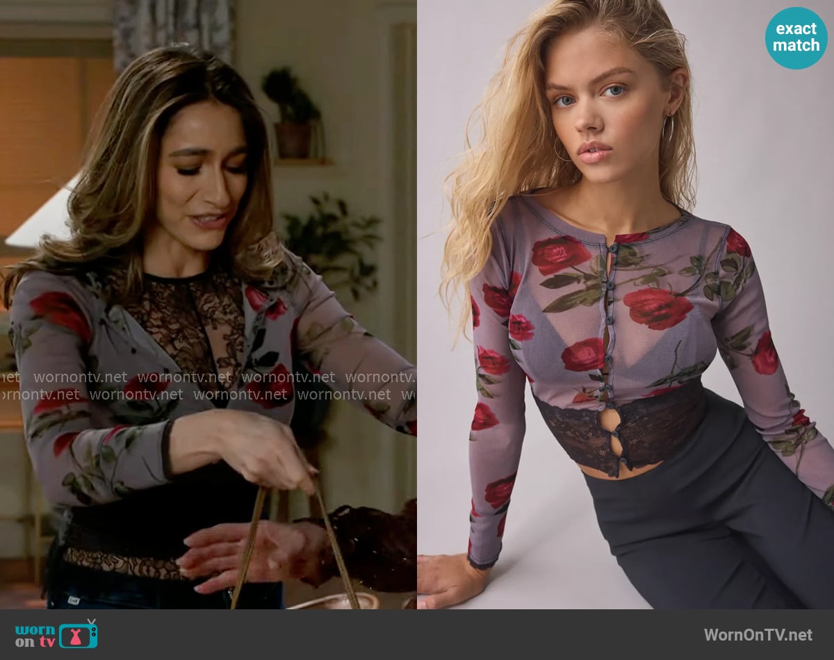 Kimchi Blue at Urban Outfitters Sabrina Sheer Mesh Lace Trim Cardigan worn by Ashley Morgan (Jen Jacob) on Beyond the Gates