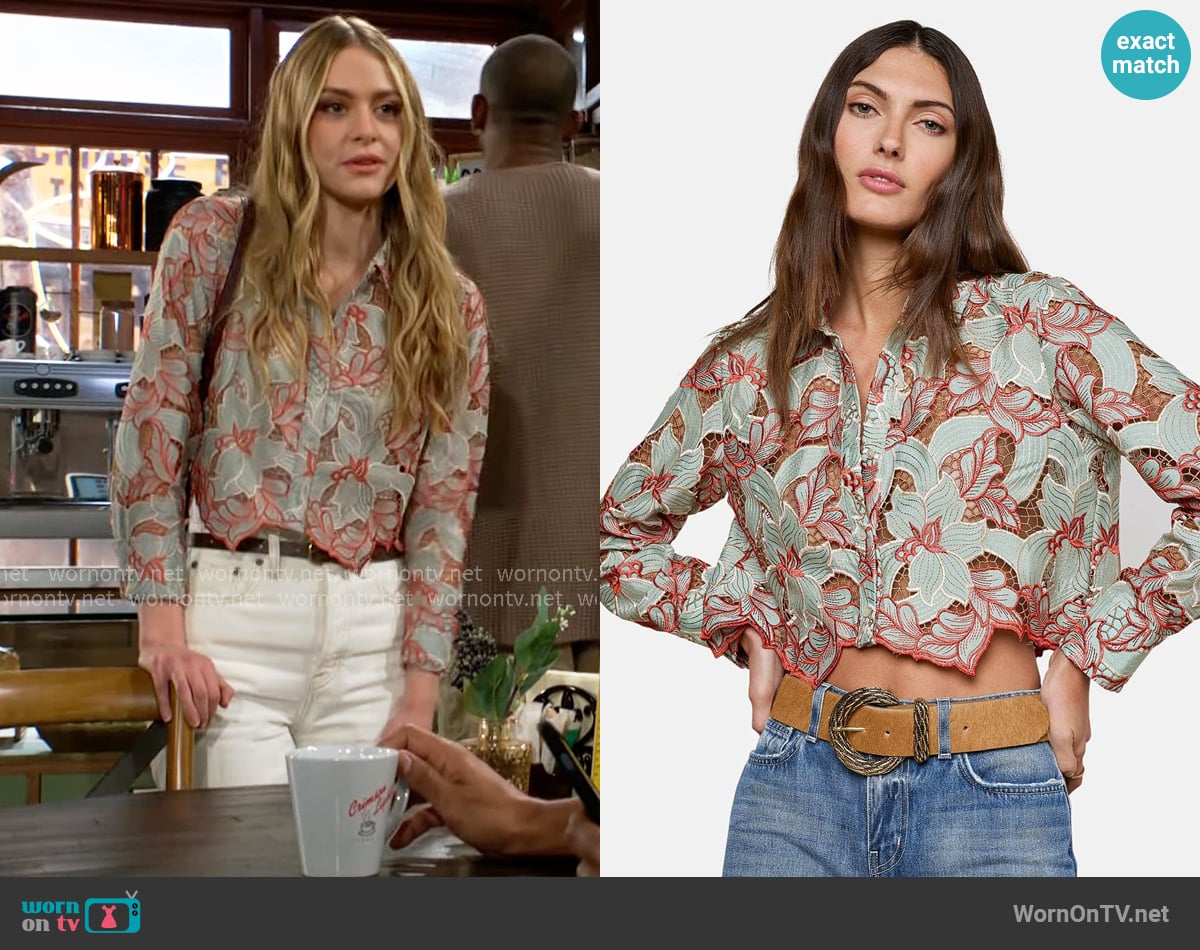 Claire’s floral embroidered shirt on The Young and the Restless