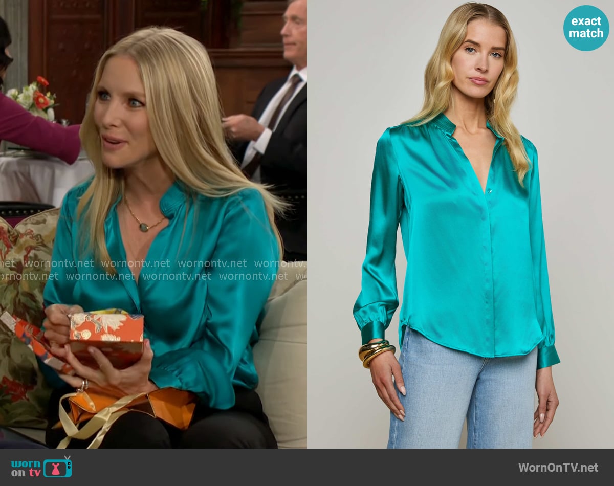 L'Agence Bianca Blouse in Tropical Teal worn by Christine Blair Williams (Lauralee Bell) on The Young and the Restless