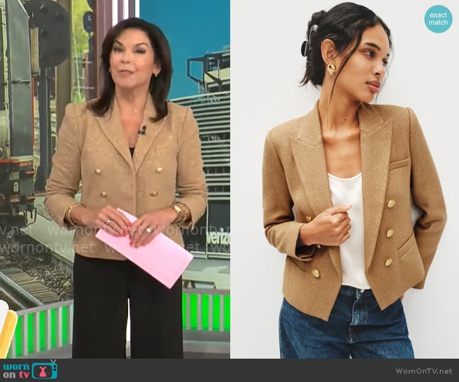 L'Agence Brooke Blazer in Latte & Gold worn by Meg Oliver on CBS Mornings