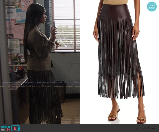 L'Agence Karolina Faux Leather Fringe Skirt worn by Ava Coleman (Janelle James) on Abbott Elementary