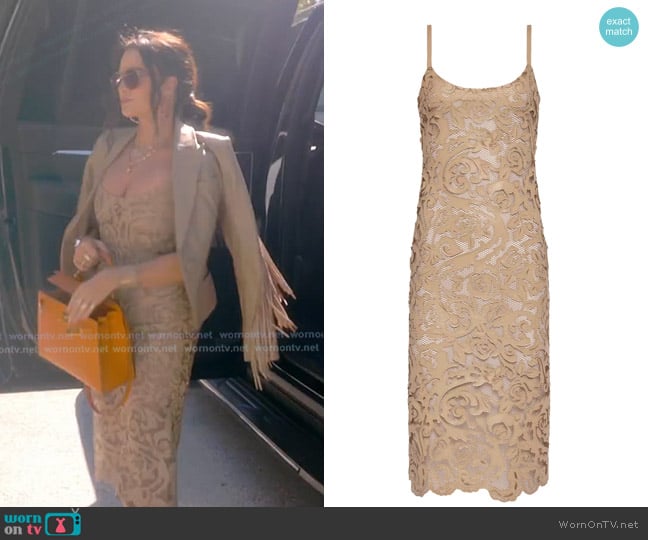 L'Agence Kazuko Lasercut Midi Dress worn by Kyle Richards on The Real Housewives of Beverly Hills