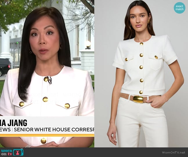 Weijia Jiang’s white short-sleeved jacket with gold buttons on CBS Mornings