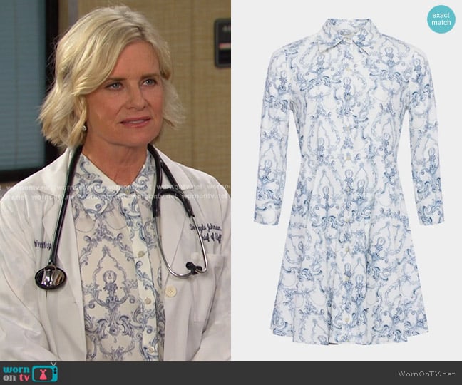 L'Agence Scroll Toile Meadow Mini Shirtdress worn by Kayla Brady (Mary Beth Evans) on Days of our Lives