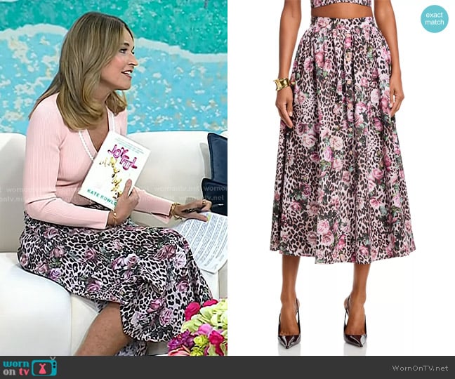 L'Agence Seina Front Placket Midi Skirt in Multi Rose worn by Savannah Guthrie on Today