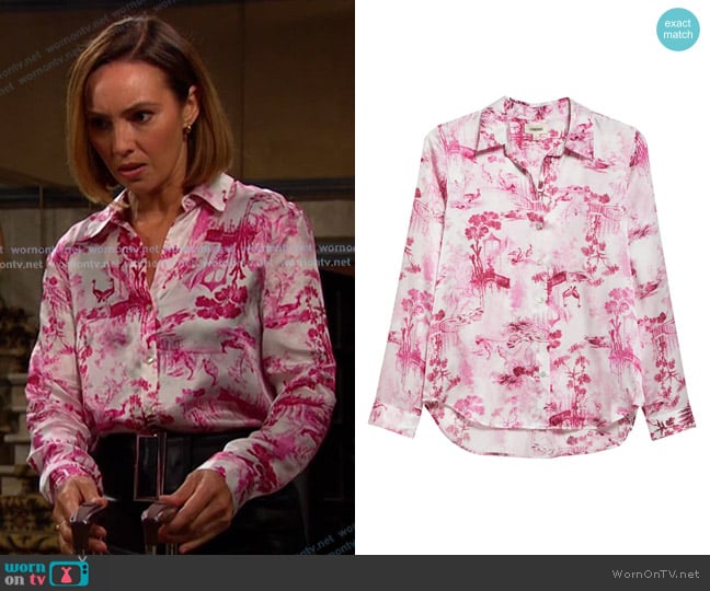 L'Agence Tyler Peacock Print Silk Button-Up Shirt worn by Gwen Rizczech (Emily O'Brien) on Days of our Lives