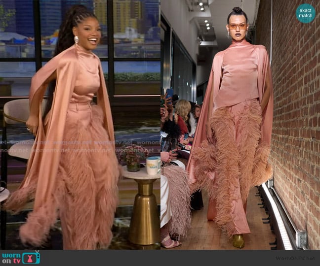 LaPointe Feather Trim Satin Cape Sleeve Mini Dress worn by Halle Bailey on Live with Kelly and Mark