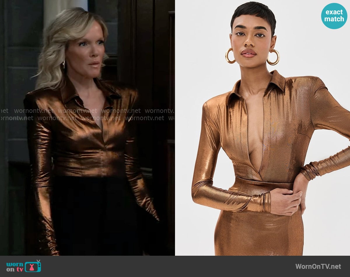 LaQuan Smith Shrunken Blouse Thong Bodysuit worn by Ava Jerome (Maura West) on General Hospital