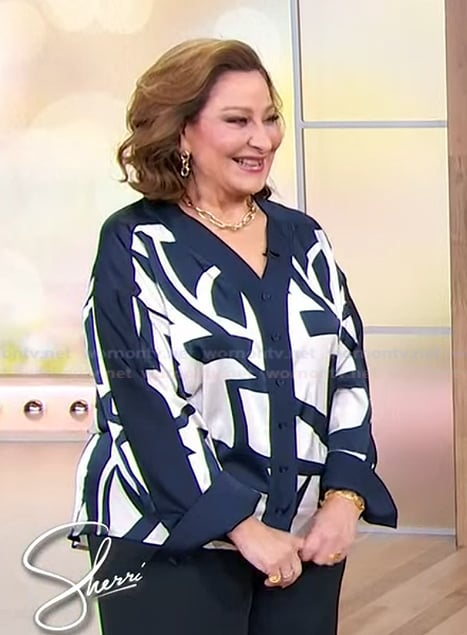 Laura J. Geller’s abstract print blouse on Sherri
