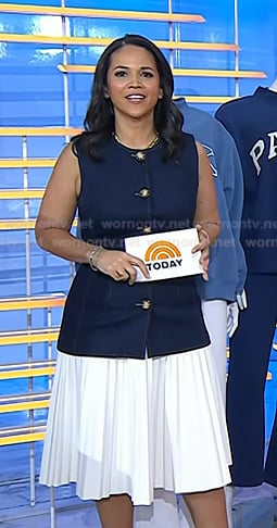 Laura’s denim vest and white pleated skirt on Today
