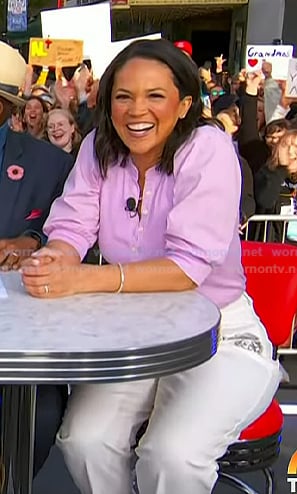 Laura’s pink top and white embellished jeans on Today