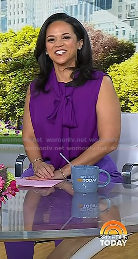 Laura's purple tie neck top and cropped pants on Today