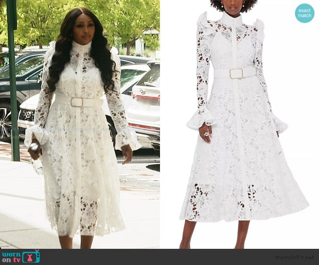 Leo Lin Aliyah Lace Belted Midi Dress worn by Cynthia Bailey on The Real Housewives of Atlanta