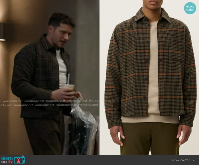 Les Deux Kody Houndstooth Wool Blend Overshirt in Teak worn by Evan Buckley (Oliver Stark) on 9-1-1