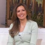 Leslie Lopez’s mint cardigan with silver buttons on Good Morning America