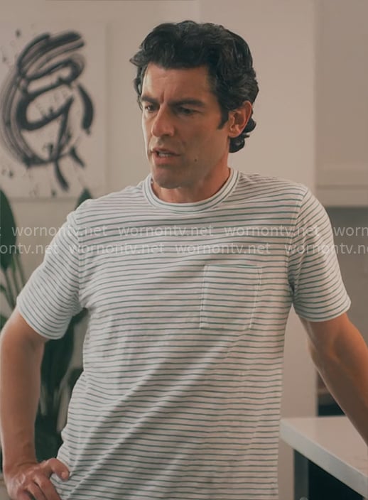 Lev’s blue striped t-shirt on Running Point