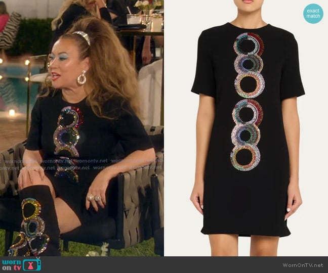Libertine Sonia Crystal Short-Sleeve Shift Dress worn by Jennifer Tilly on The Real Housewives of Beverly Hills