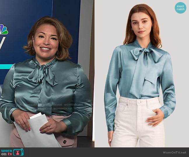 Lily Silk Bow-tie Neck Silk Blouse in Blue Haze worn by Gilma Avalos on NBC News Daily