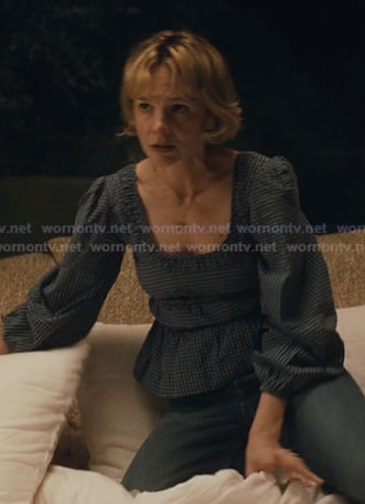 Lindsay's blue soop neck gingham top on Beef