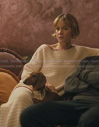 Lindsay's white crochet knit sweater and pants on Beef