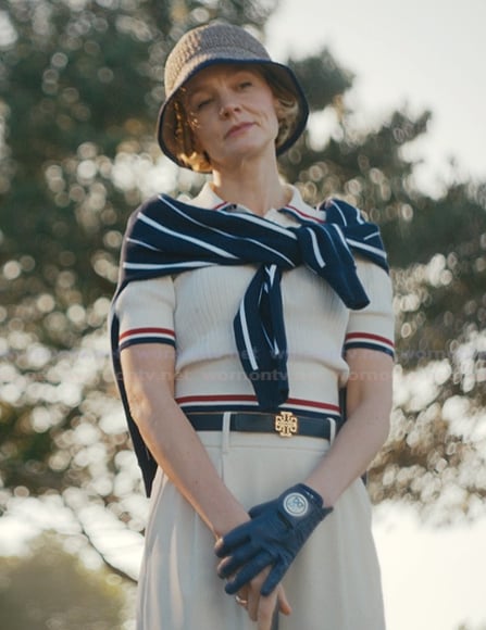 Lindsay's white stripe trim polo on Beef