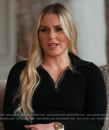 Lindsey Vonn’s black ribbed leather trim zip sweater on Today