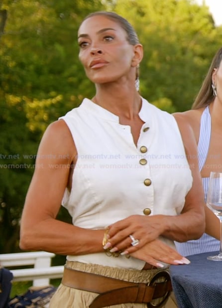Liz's whtie button vest and skirt on The Real Housewives of Rhode Island