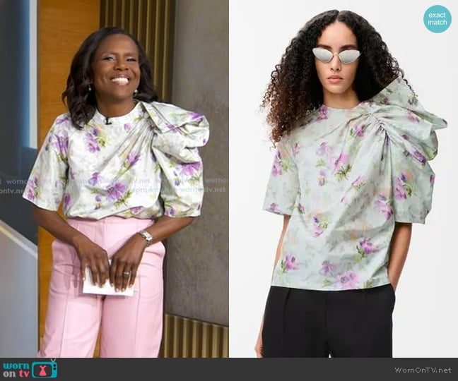 Loewe Draped Top in silk blend taffeta worn by Deborah Roberts on Good Morning America