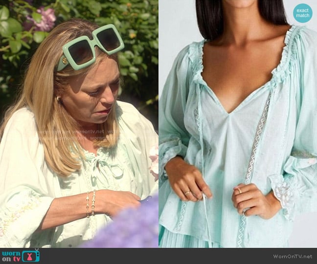 LoveShackFancy Odina Top in Sea Foam worn by Sutton Stracke on The Real Housewives of Beverly Hills