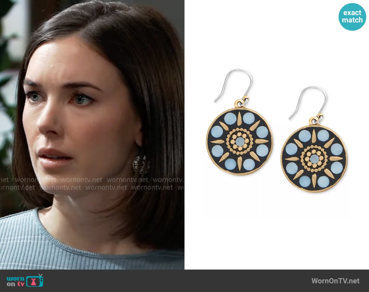 Lucky Brand Gold-Tone Hammered Mother-of-Pearl Circle Drop Earrings worn by Willow Tait (Katelyn MacMullen) on General Hospital