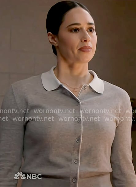 Lucy’s grey cardigan with contrasting collar on Chicago Fire