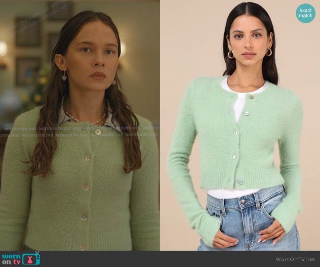 Lulus Cozy Sweetness Mint Green Eyelash Knit Cropped Cardigan worn by Ashley Miller (Cailee Spaeny) on Beef