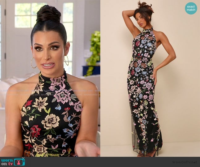 Lulus Infinite Praise Black 3D Floral Embroidered Halter Maxi Dress worn by Ashley Iaconetti on The Real Housewives of Rhode Island
