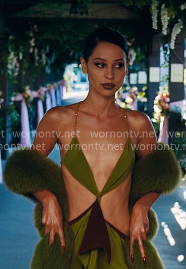 Maddy’s green cutout dress at Cassie and Nate’s wedding on Euphoria
