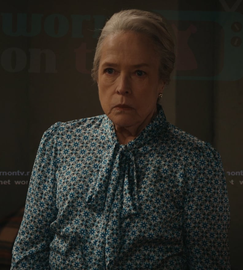 Madeline's blue floral print tie neck top on Matlock