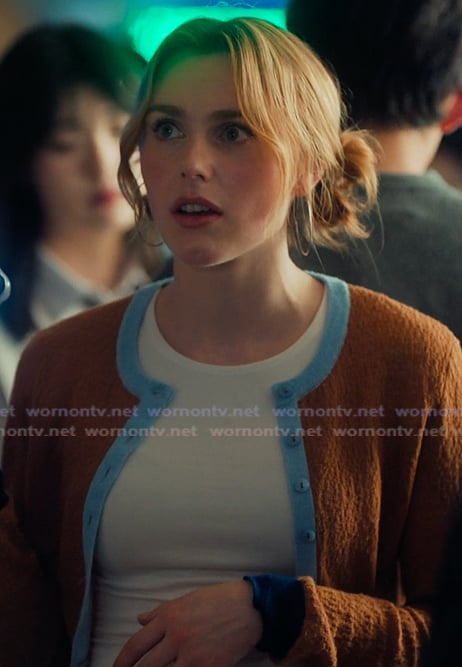 Madison's brown colorblock cardigan on XO Kitty