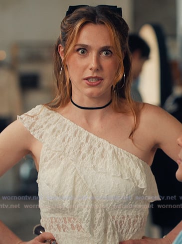 Madison's white lace asymmetric top on XO Kitty