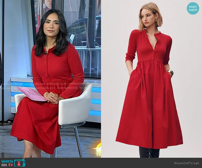 Maeve Long-Sleeve Twofer Cardigan Midi Dress in Trube Red worn by Emilie Ikeda on Today
