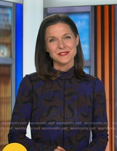 Maggie’s blue printed mock neck dress on Good Morning America