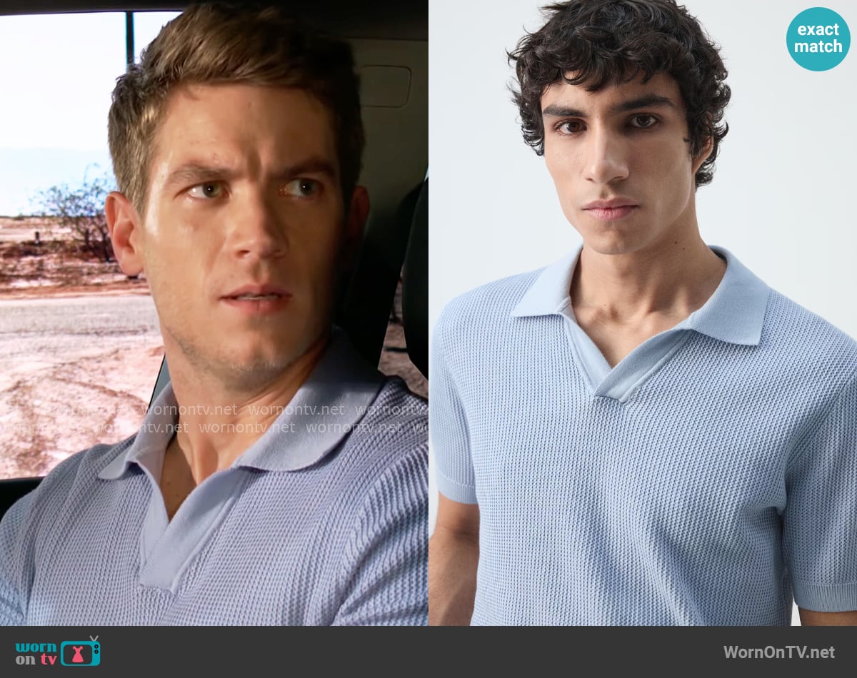 Noah’s light blue knit polo shirt on The Young and the Restless