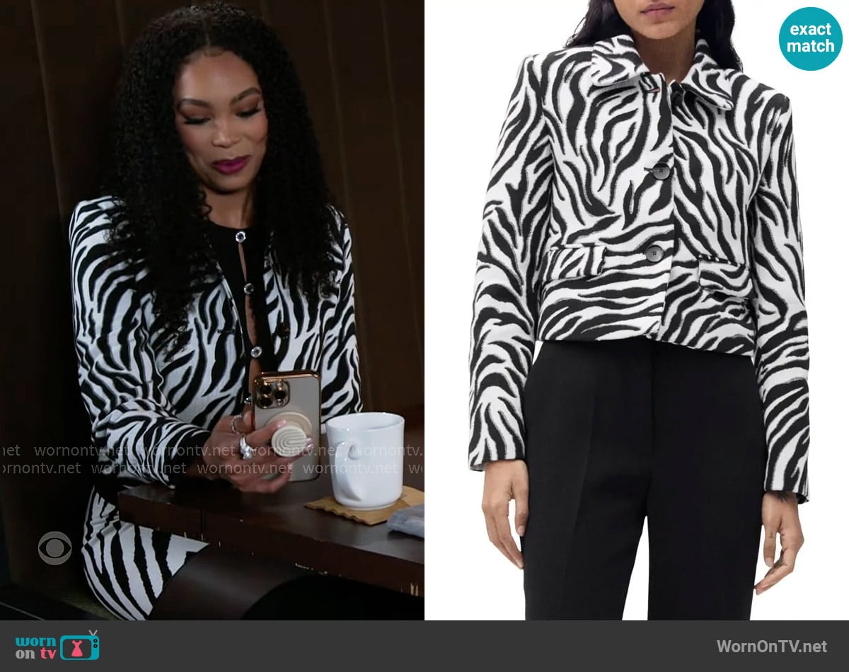 Mango Zebra-print jacket with buttons worn by Chelsea Hamilton (RhonniRose Mantilla) on Beyond the Gates
