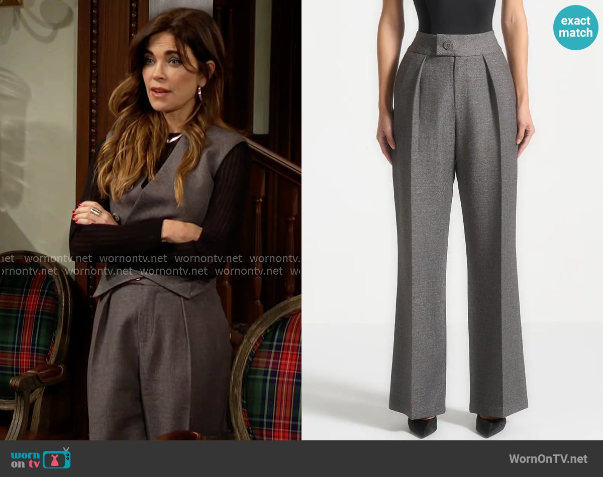 Maniere de Voir Elsa High Waisted Tailored Trousers in Grey Marl worn by Victoria Newman (Amelia Heinle) on The Young and the Restless